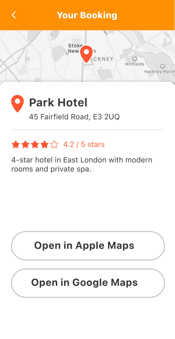 Screenshot of a hotel listing with links to open directions in other apps